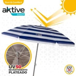 AKTIVE - Parasol Plage Avec Protection UV50, Anti-Vent, Ø 180 Cm -Plongée Série Magasin aktive parasol plage avec protection uv50 anti vent o 180 cm 2